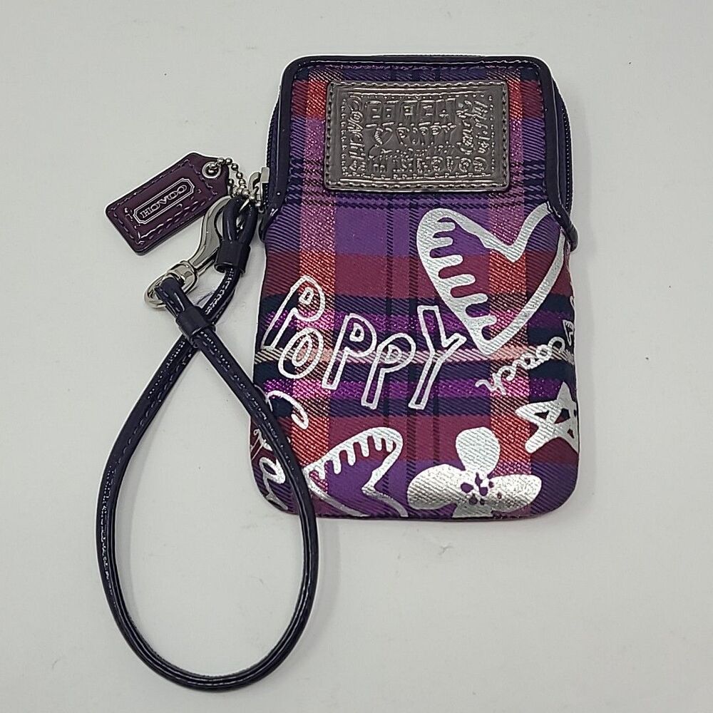 Coach Tartan Poppy Plaid Wristlet Walled Card Holder Purple Pink